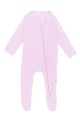 Ribbed Ruffle Zipper Footie in Thistle