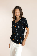 Women's Oversized V-Neck Tee in Halloween Friends
