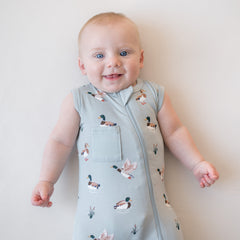 Zippered Sleeveless Romper in Mallard Duck