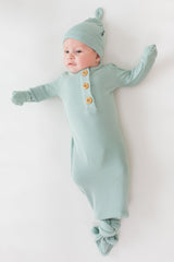 Ribbed Knotted Day Gown with Hat Set in Sage