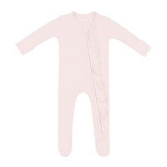 Ribbed Ruffle Zipper Footie in Blush