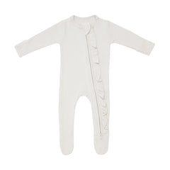 Ribbed Ruffle Zipper Footie in Oat