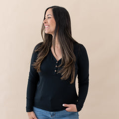 Women's Long Sleeve Henley Tee in Midnight