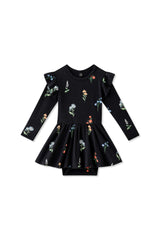 Long Sleeve Twirl Bodysuit Dress in Midnight Wildflower