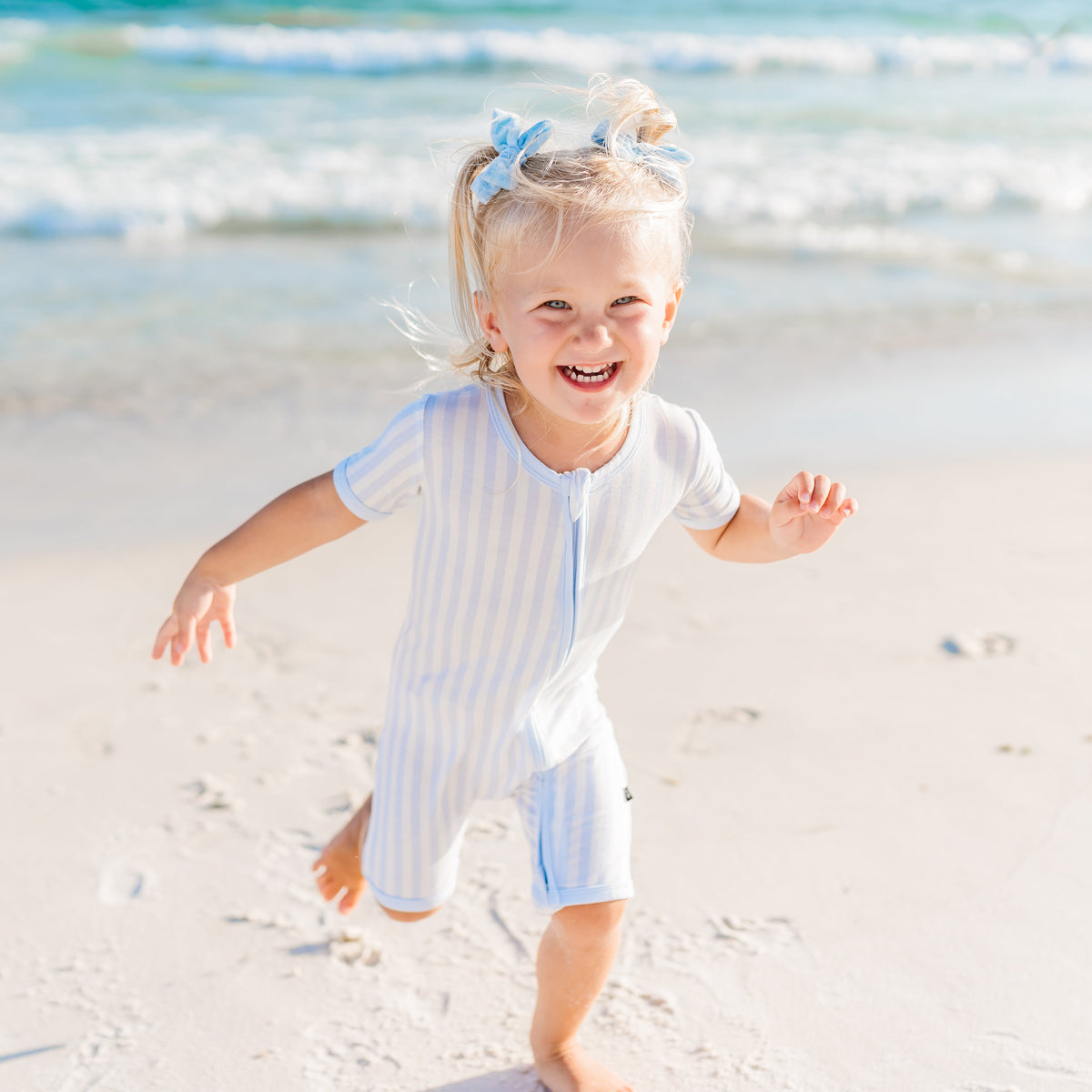 Zipper Shortall Romper in Small Mist Stripe