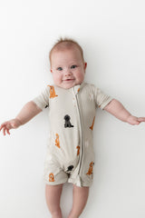 Zippered Shortall Romper in Fluffy Dog