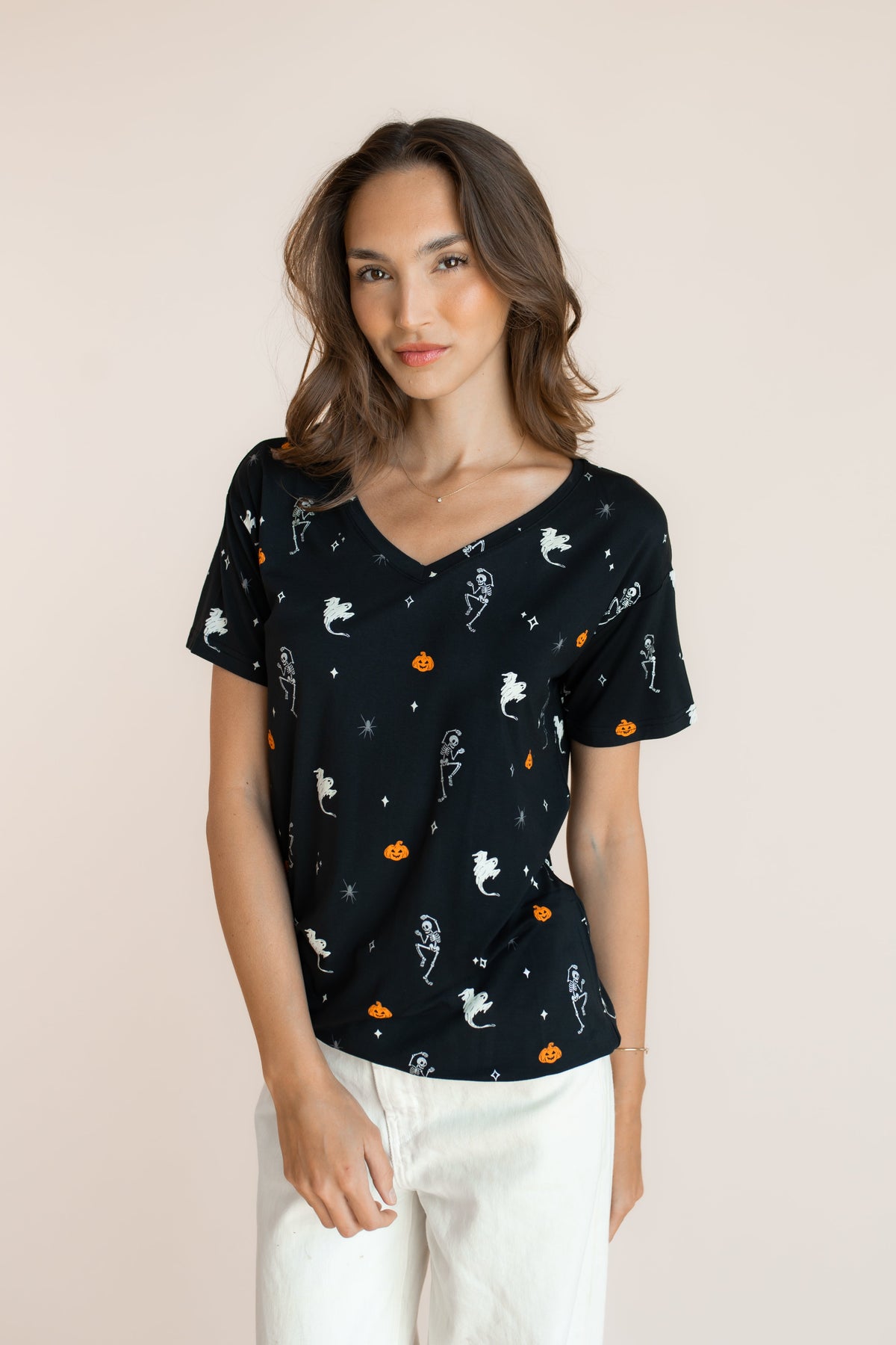 Women's Oversized V-Neck Tee in Halloween Friends