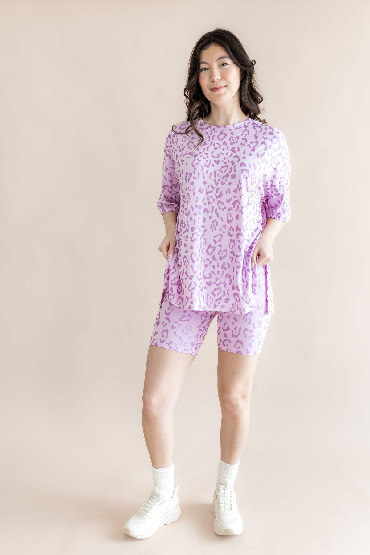Women’s Biker Short Set in Thistle Leopard
