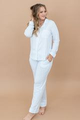 Long-Sleeved Women's Pajama Set in Small Mist Stripe with Cloud Trim