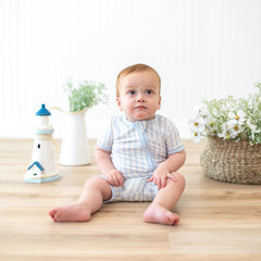 Zipper Shortall Romper in Small Mist Stripe