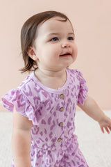 Flutter Sleeve Romper in Thistle Leopard