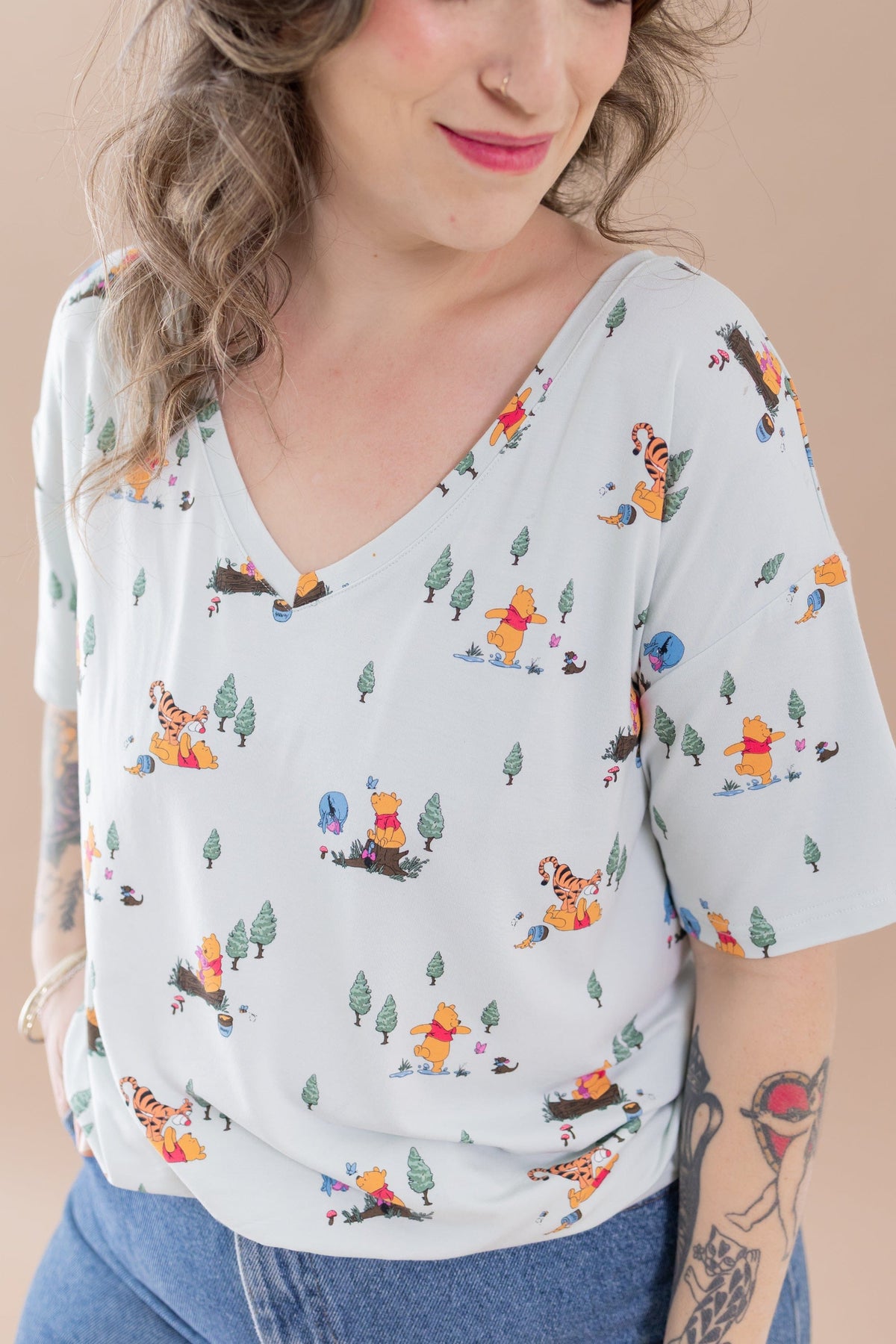 Women's Oversized V-Neck Tee in Winnie the Pooh Hundred Acre Wood