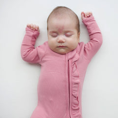 Ribbed Ruffle Zipper Footie in Apple Blossom
