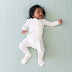 Ribbed Ruffle Zipper Footie in Cloud
