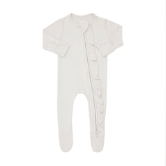 Ribbed Ruffle Zipper Footie in Oat
