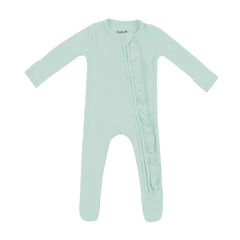 Ribbed Ruffle Zipper Footie in Sage