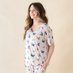 Women's Oversized V-Neck Tee in Blush Butterfly